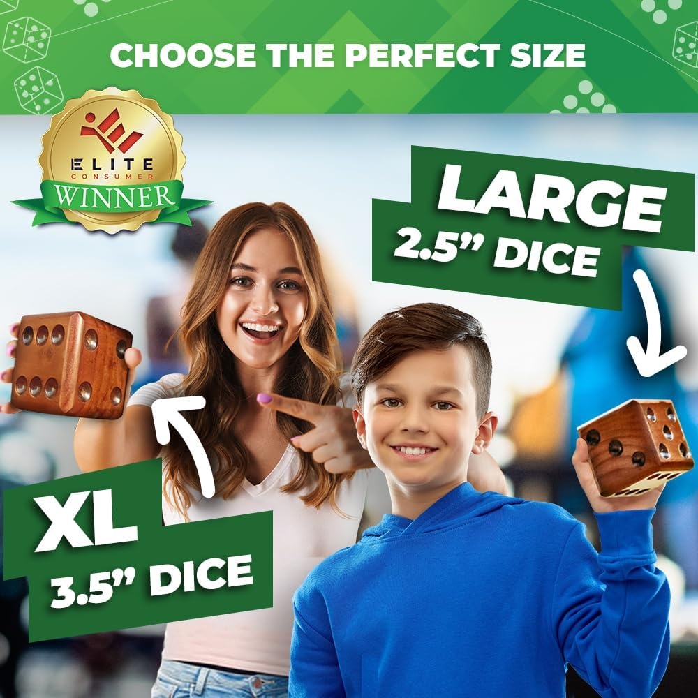 Swooc Games – Yardzee, Farkle & 20+ Giant Dice Games (All Weather) Yard Dice with Wooden Bucket, 5 Scorecards & Marker – Jumbo Dice Yard Game – Extra Large Yard Game for Adults – Jumbo Lawn Fun(3.5″ Dice)