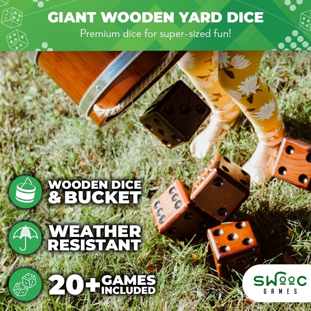 Swooc Games – Yardzee, Farkle & 20+ Giant Dice Games (All Weather) Yard Dice with Wooden Bucket, 5 Scorecards & Marker – Jumbo Dice Yard Game – Extra Large Yard Game for Adults – Jumbo Lawn Fun(3.5″ Dice) - view 2