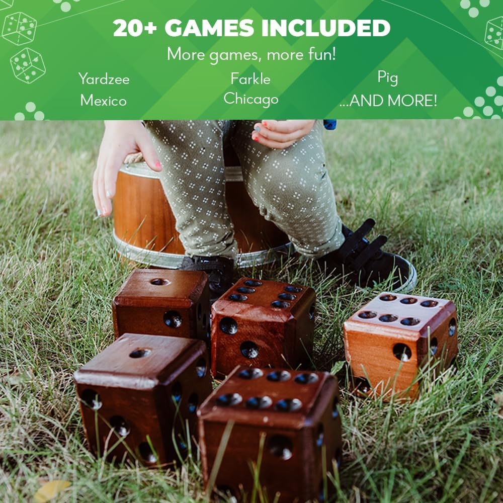 Swooc Games – Yardzee, Farkle & 20+ Giant Dice Games (All Weather) Yard Dice with Wooden Bucket, 5 Scorecards & Marker – Jumbo Dice Yard Game – Extra Large Yard Game for Adults – Jumbo Lawn Fun(3.5″ Dice) - view 3