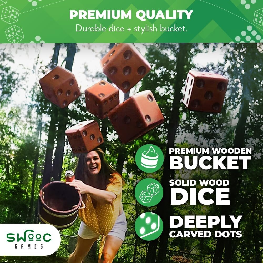 Swooc Games – Yardzee, Farkle & 20+ Giant Dice Games (All Weather) Yard Dice with Wooden Bucket, 5 Scorecards & Marker – Jumbo Dice Yard Game – Extra Large Yard Game for Adults – Jumbo Lawn Fun(3.5″ Dice) - view 4