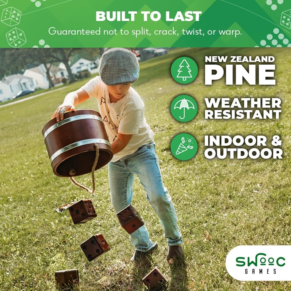 Swooc Games – Yardzee, Farkle & 20+ Giant Dice Games (All Weather) Yard Dice with Wooden Bucket, 5 Scorecards & Marker – Jumbo Dice Yard Game – Extra Large Yard Game for Adults – Jumbo Lawn Fun(3.5″ Dice) - view 5
