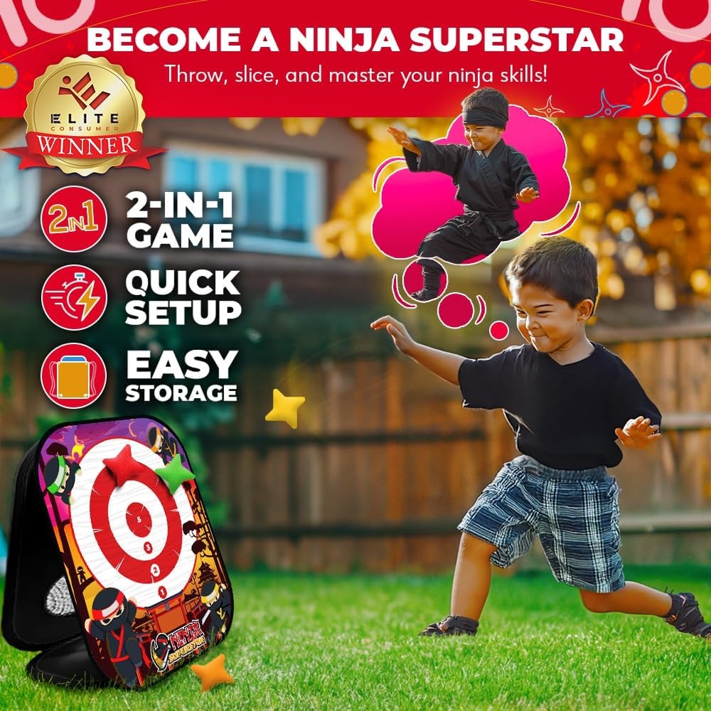 Swooc Games – Ninja Superstar™ | 2-in-1 Corn Hole Games for Kids | 5-Second Setup | Ninja Toys for Boys | Bean Bag Toss Game for Kids | Cornhole Game Set Outdoor | Outdoor Toys | Throwing Star