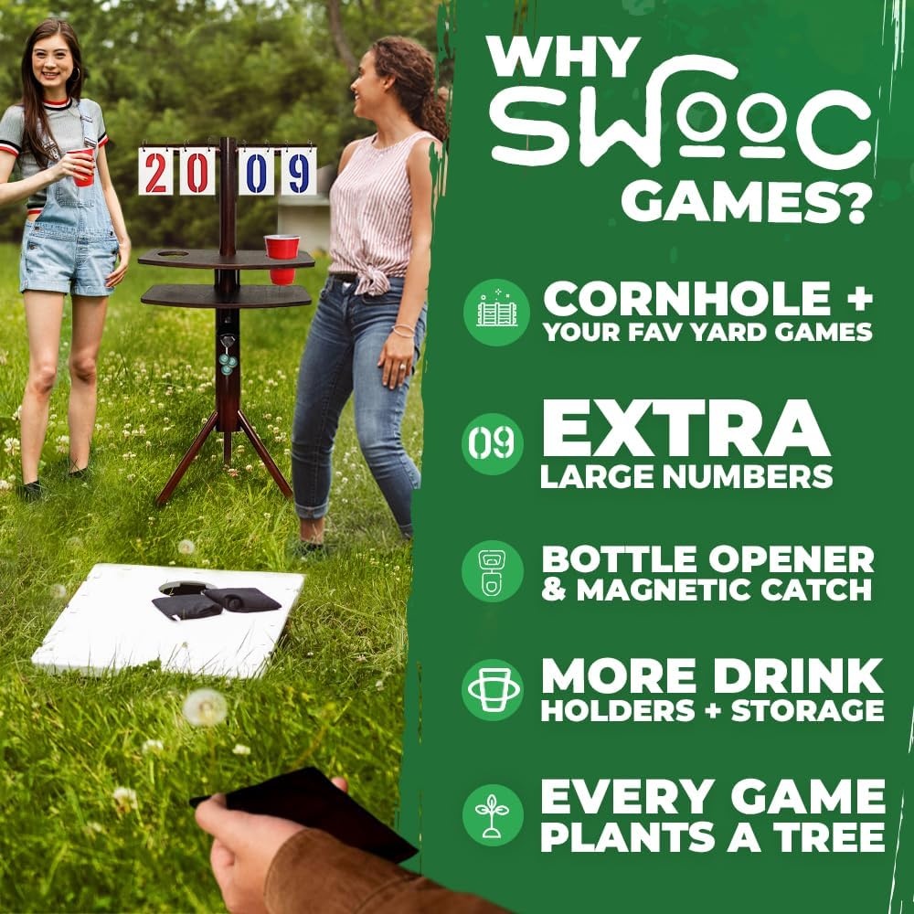 Swooc Games® – Cornhole Score Keeper & Other Yard Games – Weather Resistant – Cornhole Scoreboard with Drink Holder & Bottle Opener & Magnetic Cap Catch – Cornhole Accessories – Corn Hole Score Boards