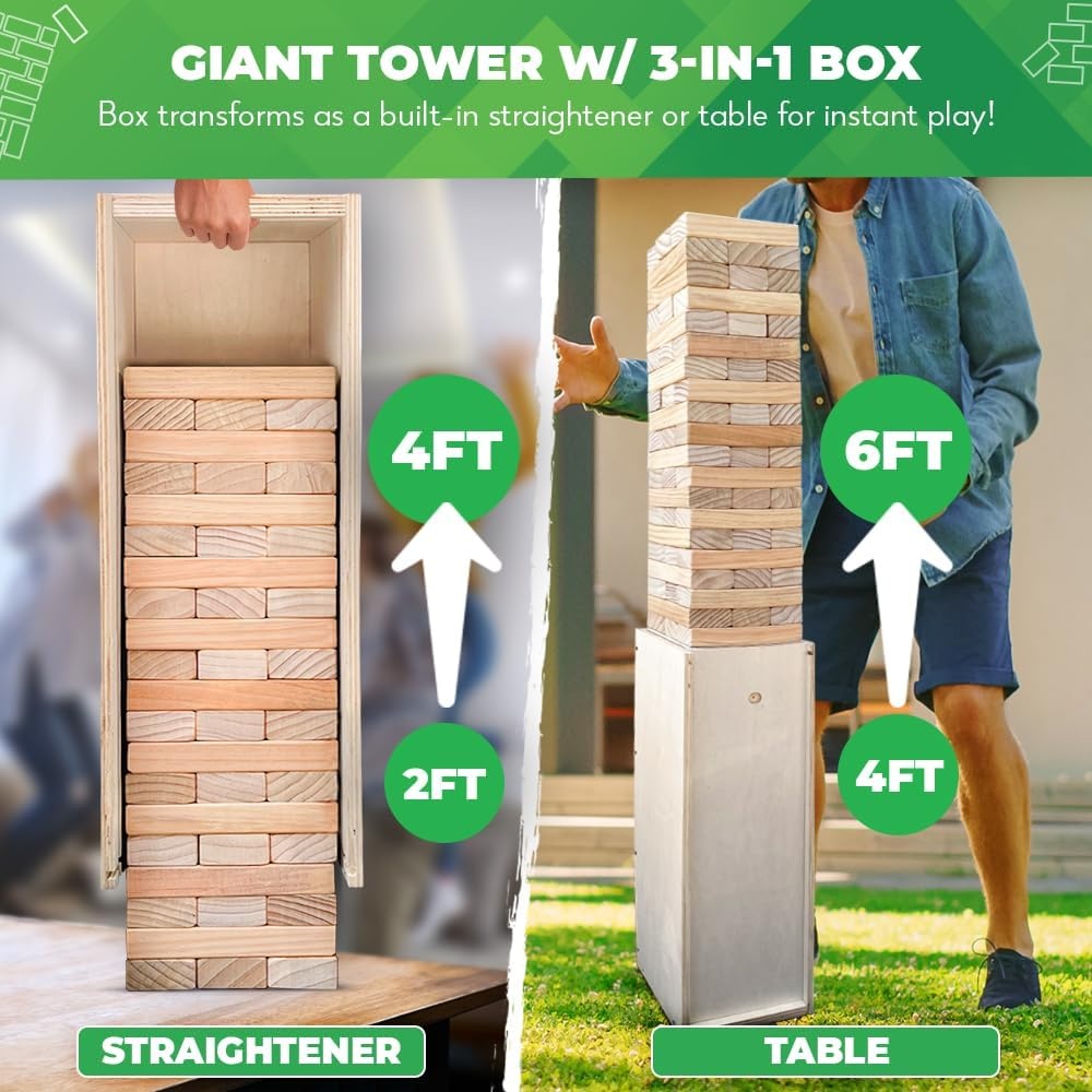 SWOOC Games® – Giant Tower Game with 3-in-1 Straightener, Table & Storage Box – 90% Faster Set Up with Transforming Box & Straightener – Starts at 2-4ft – Grows to Over 6ft – Large Outdoor Yard Games