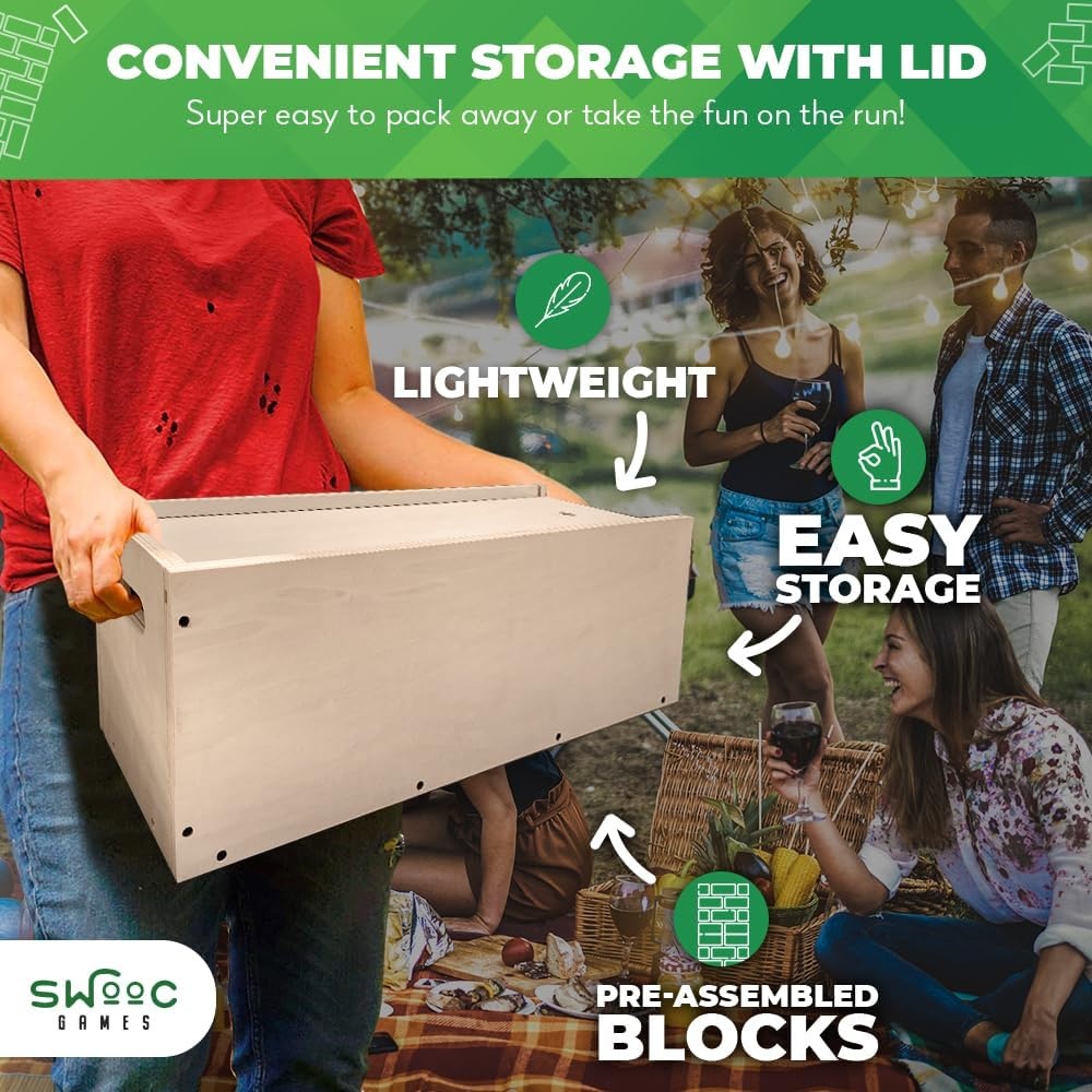 SWOOC Games® – Giant Tower Game with 3-in-1 Straightener, Table & Storage Box – 90% Faster Set Up with Transforming Box & Straightener – Starts at 2-4ft – Grows to Over 6ft – Large Outdoor Yard Games - view 2