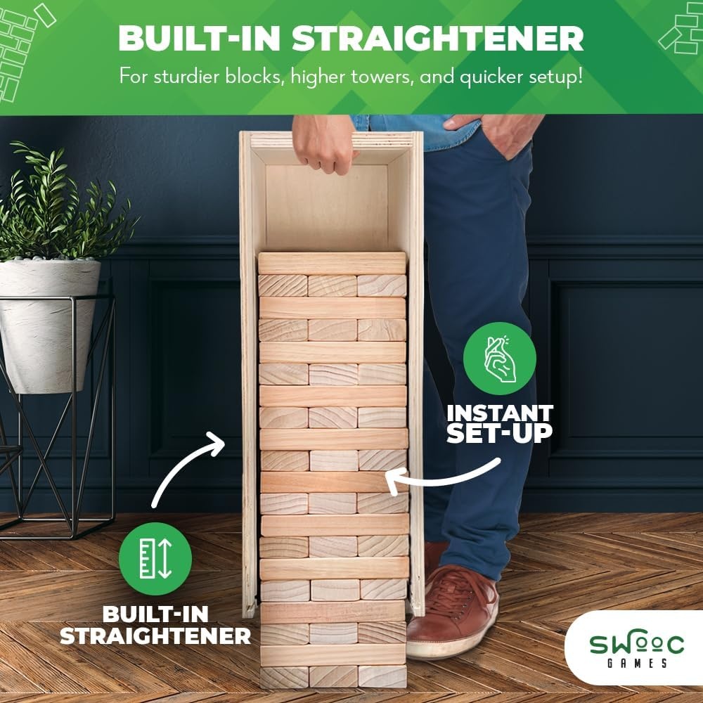 SWOOC Games® – Giant Tower Game with 3-in-1 Straightener, Table & Storage Box – 90% Faster Set Up with Transforming Box & Straightener – Starts at 2-4ft – Grows to Over 6ft – Large Outdoor Yard Games - view 4