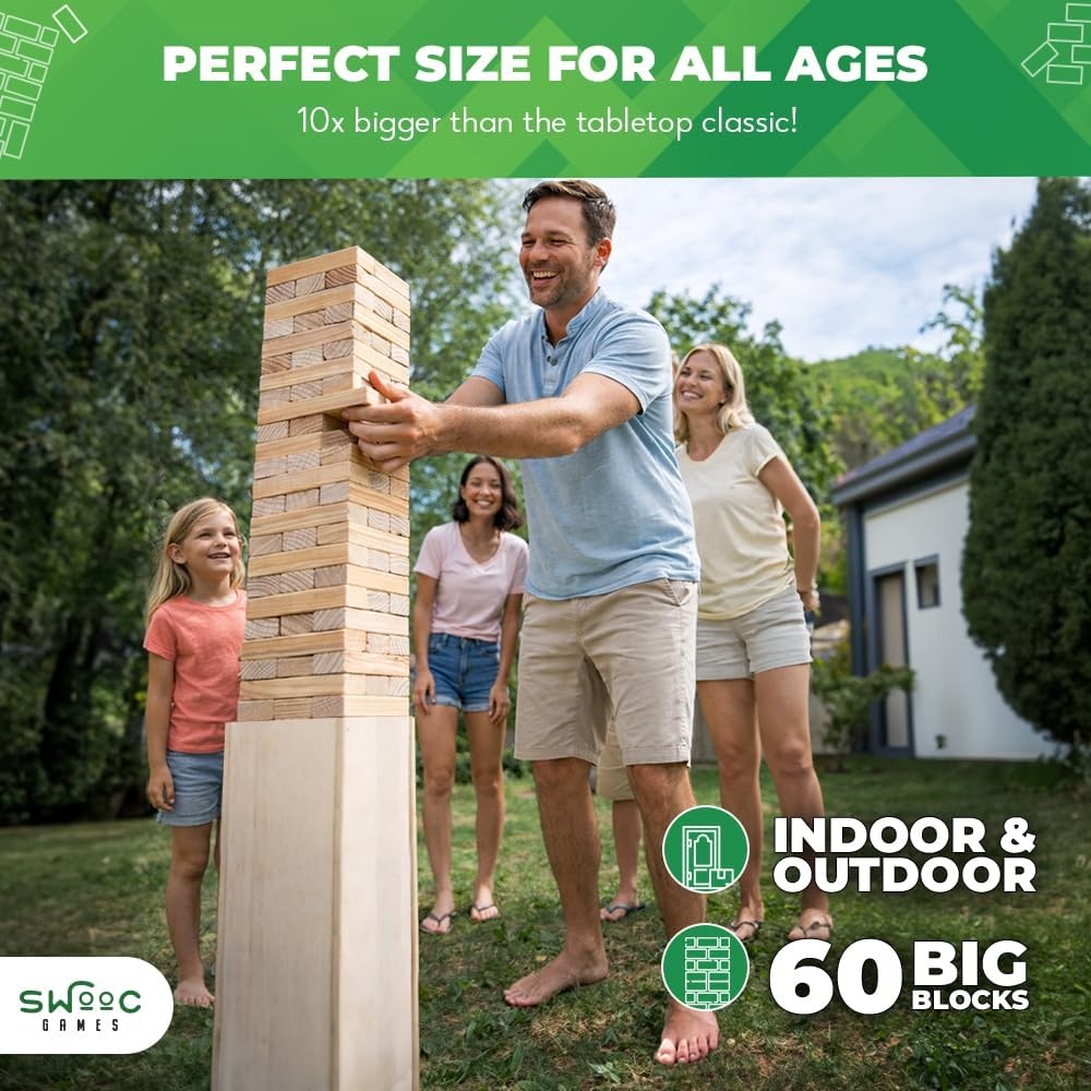 SWOOC Games® – Giant Tower Game with 3-in-1 Straightener, Table & Storage Box – 90% Faster Set Up with Transforming Box & Straightener – Starts at 2-4ft – Grows to Over 6ft – Large Outdoor Yard Games - view 5