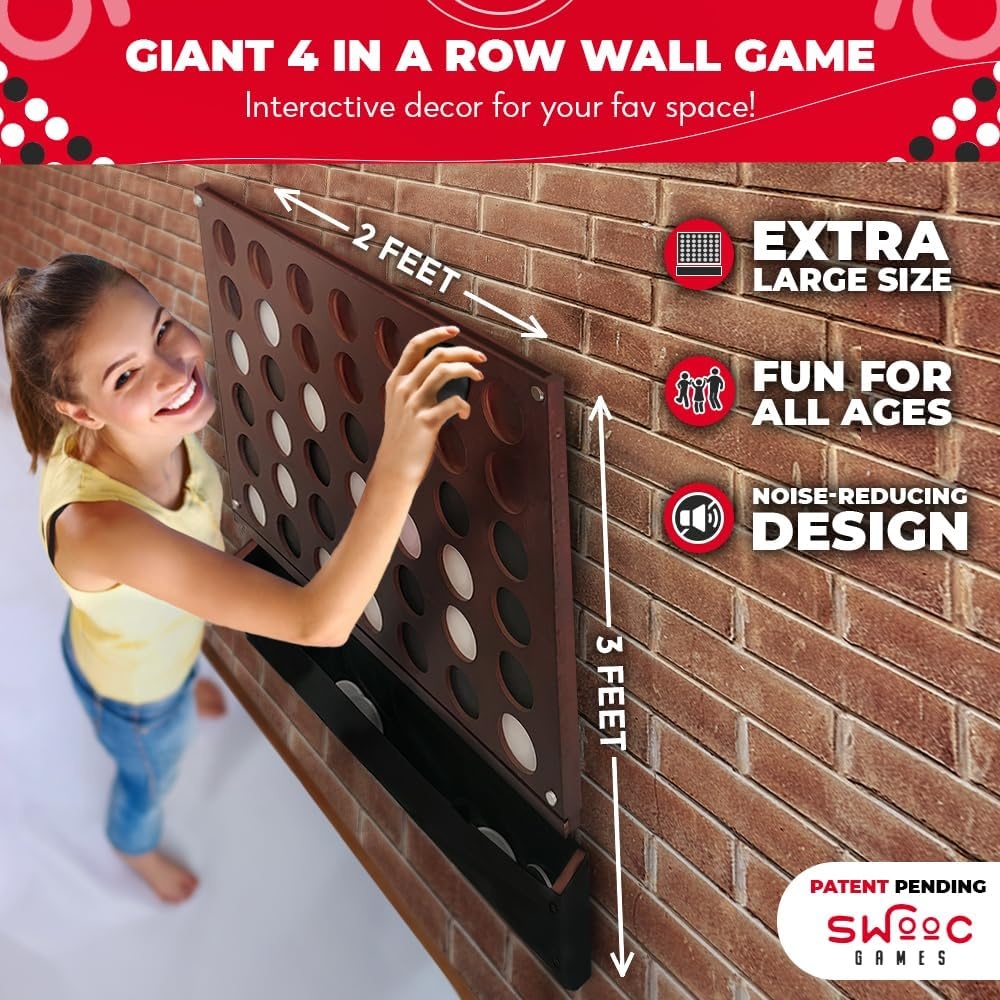 Swooc Games® – Wall Mounted Giant 4 in A Row – 60% Quieter – Jumbo Size Wall Games – Game Room Game, Accessories and Decor – Garage and Basement Decor – Large Connect – Four in a Row for Kids & Adults