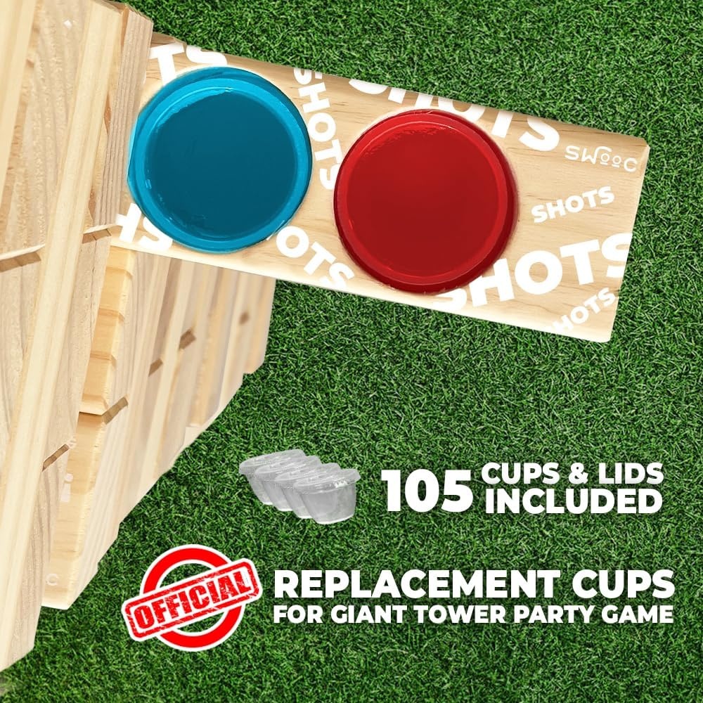 SWOOC Games – 105 Extra/Replacement Gelatin Shot Cups & Lids for Giant Tower Party Game – Clear Plastic & Leak Proof – Perfect Size for Hidden Shot Blocks – Tipsy Topple Game for Adults – Block Games(Xtra Cups Only – 105pc)