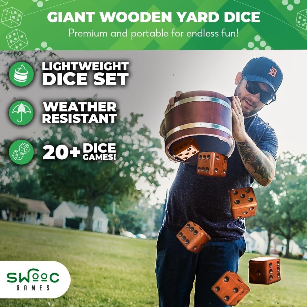 Swooc Games – Yardzee, Farkle & 20+ Giant Dice Games (All Weather) Yard Dice with Wooden Bucket, 5 Scorecards & Marker – Jumbo Dice Yard Game – Extra Large Yard Game for Adults – Jumbo Lawn Fun(2.5″ Dice) - view 2