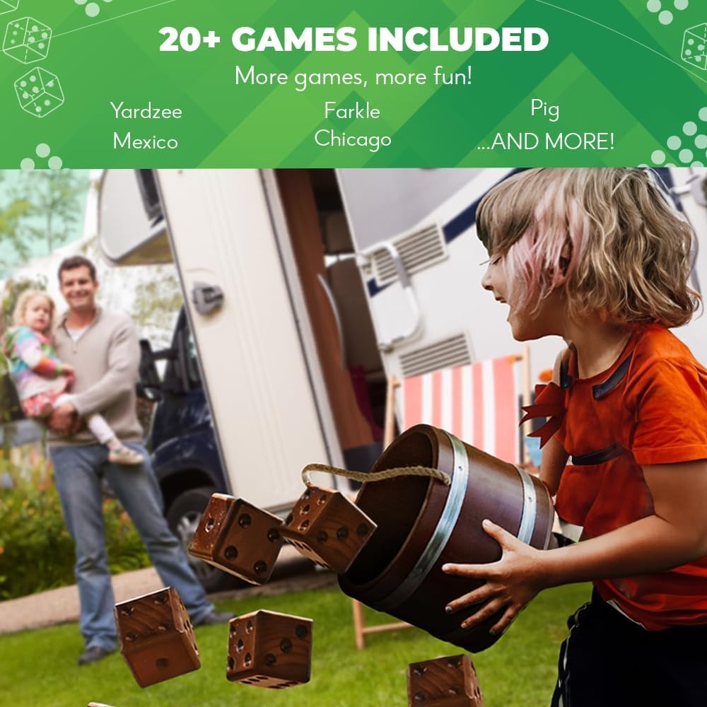 Swooc Games – Yardzee, Farkle & 20+ Giant Dice Games (All Weather) Yard Dice with Wooden Bucket, 5 Scorecards & Marker – Jumbo Dice Yard Game – Extra Large Yard Game for Adults – Jumbo Lawn Fun(2.5″ Dice) - view 3