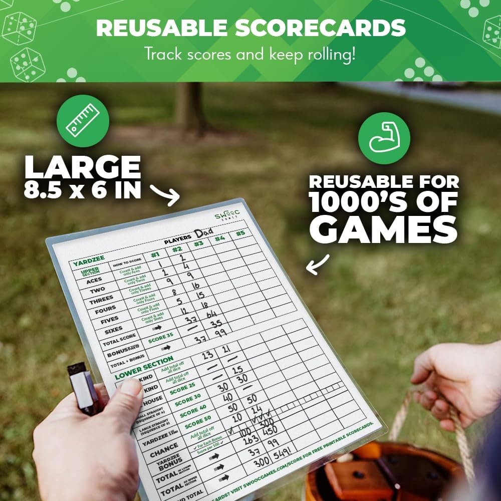 Swooc Games – Yardzee, Farkle & 20+ Giant Dice Games (All Weather) Yard Dice with Wooden Bucket, 5 Scorecards & Marker – Jumbo Dice Yard Game – Extra Large Yard Game for Adults – Jumbo Lawn Fun(2.5″ Dice) - view 4