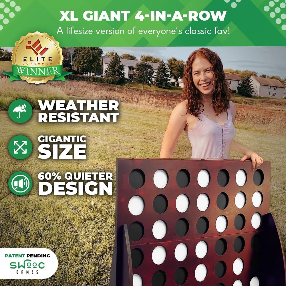 SWOOC Games – Premium Giant Four in a Row (All Weather) w/Carrying Case & 60% Quieter Design – Giant Connect – 4 Game Outdoor for Adults and Family – 4 in a Row Life Size Yard Games for Kids & Adults(4ft x 3ft)