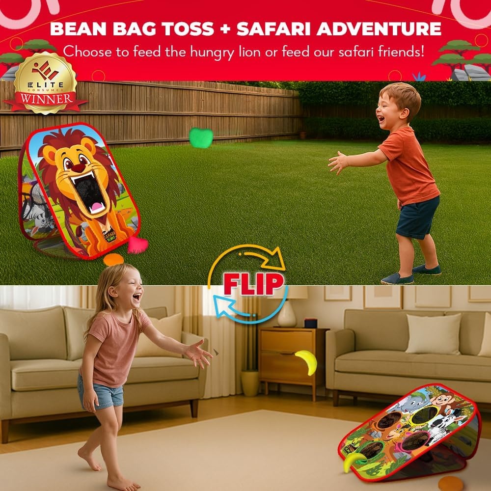 Swooc Games® – Safari Sling | 2-in-1 Bean Bag Toss Game for Kids | 5-Second Setup Kids Cornhole Game Set | Outdoor Toddler Activities | Backyard Party Games | Corn Hole Set Toddler Bean Bag Toss