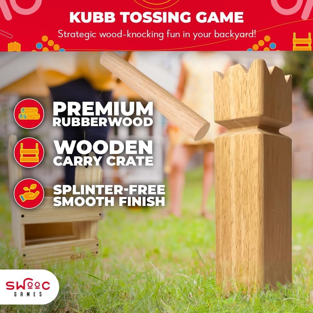 SWOOC Games – Kubb Yard Game Set – Premium Hardwood Viking Chess Set w/Wood Crate – for Adults & Kids – Backyard Size Kubb Game – for Kuub Tournaments with Friends – Viking Game – Kuube Outdoor Game