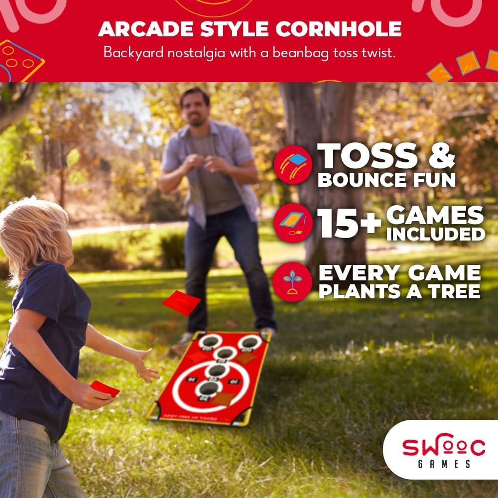 Swooc Games – Coney Island Toss™ – Arcade Style Cornhole Board Set w/Carrying Case & 15+ Games – Corn Hole Games for Adults – Kids Bean Bag Toss Game – Kids Cornhole Set w/Bags – Outdoor Yard Games