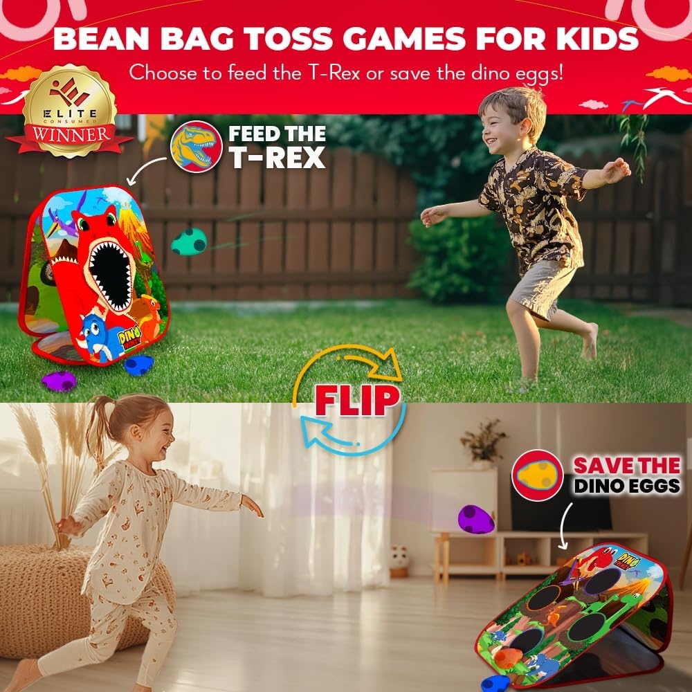 Swooc Games® – Dino Frenzy | 2-in-1 Corn Hole Games for Kids | 5-Second Setup | Dinosaur Bean Bag Toss Game for Kids | Kid Cornhole Game Set | Toddler Party Activity | Outside Bean Bags Kid Tossing