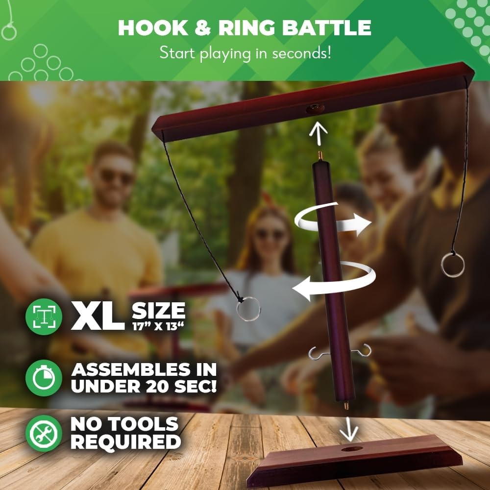 Swooc Games® – Battle Hooks XL Hook and Ring Game with Ladder – 20 Second Set Up – Hook and Ring Toss Game for Adults – Wooden Ring Hook Tossing Game – Tabletop Ring Hook Game